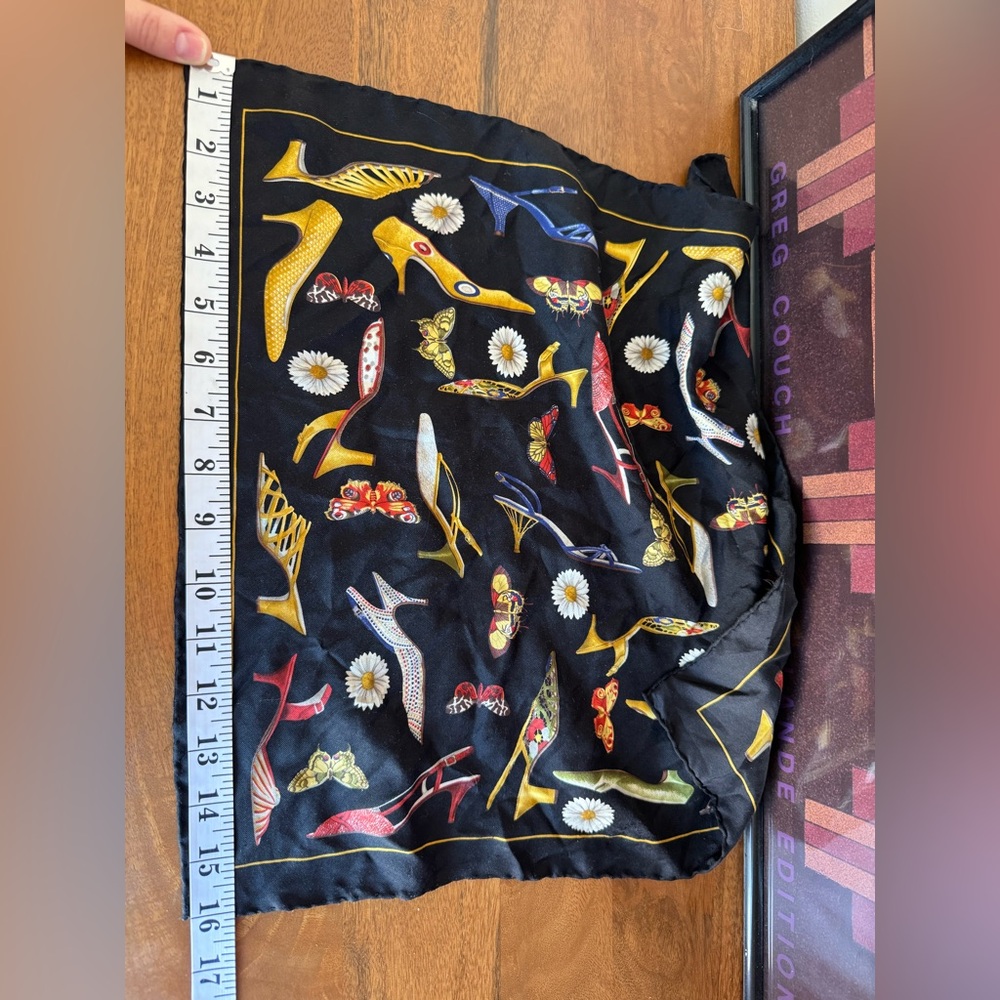 Salvatore Ferragamo Black Silk Scarf with high heel, floral, butterfly Italy - Picture 7 of 8